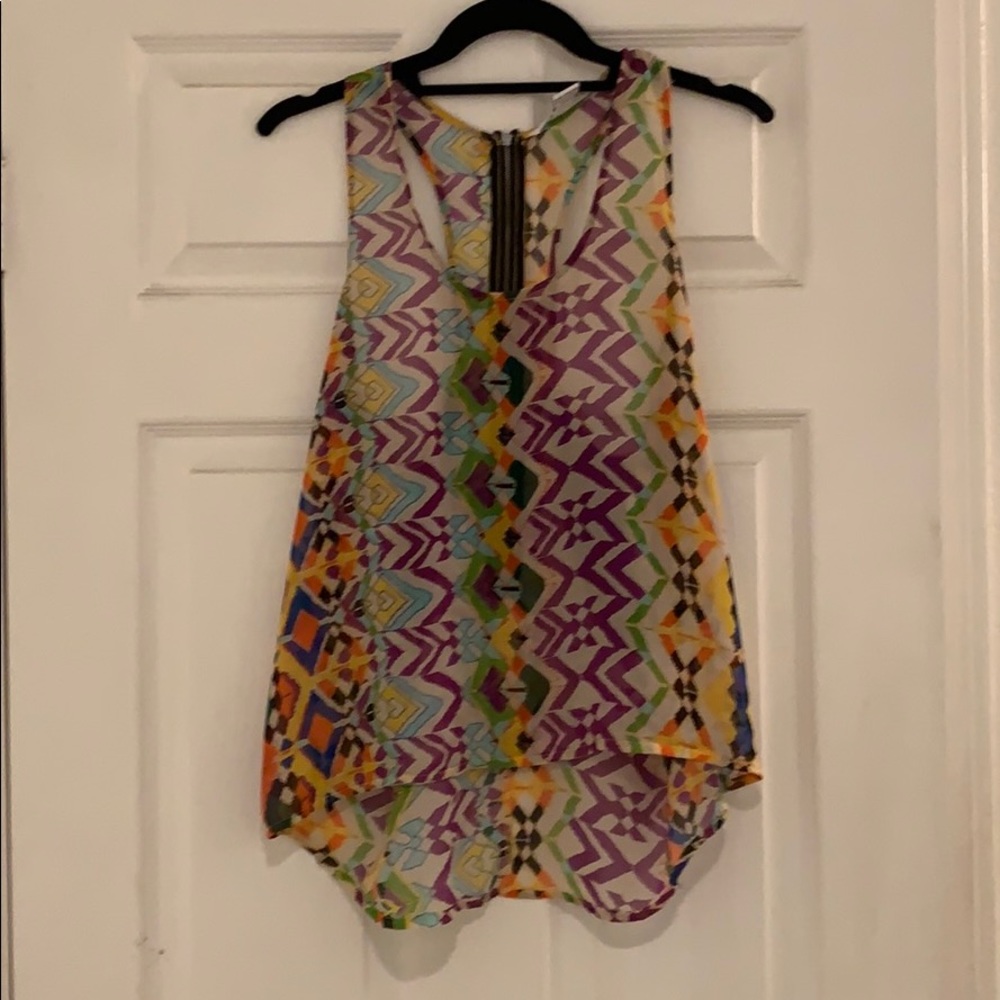 Sheer, multicolored, Aztec-print, high-low tank